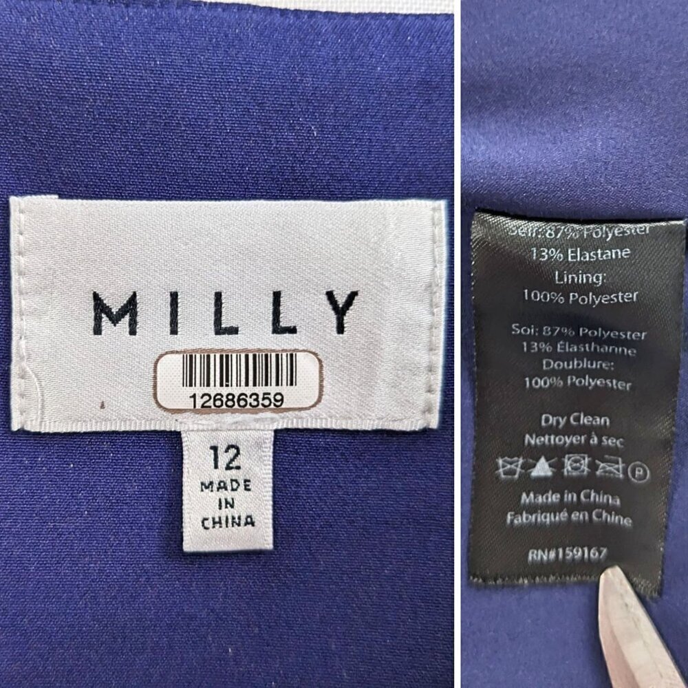 MILLY Clare Indigo Boatneck Puff Sleeve Princess Seam Sheath Mini Dress Size 12 - Picture 2 of 10